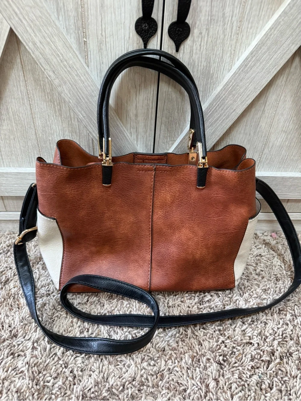 Structured Two-Tone Tote Bag in Brown, Black & Cream - Classic Women's Handbag
